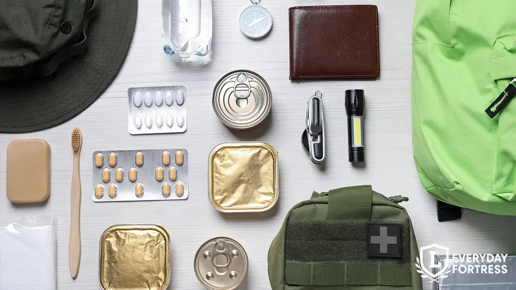 Flat lay of emergency preparedness kit supplies including flashlight, water, and first aid items