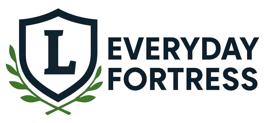 Everyday Fortress logo with shield, letter L, and green branches.