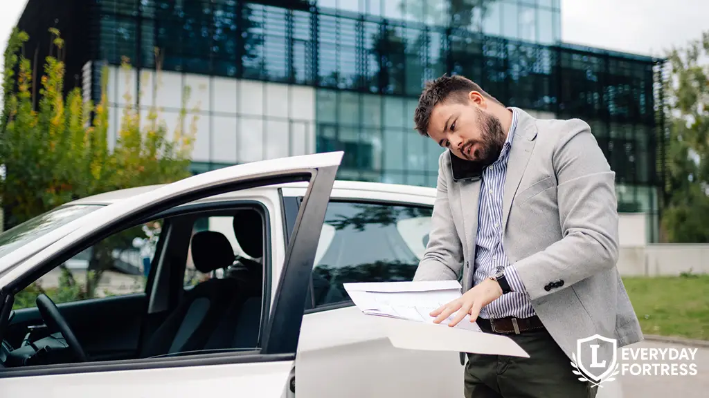 Businessman on phone dealing with car insurance issues without owning a car