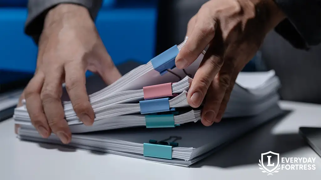 Person organizing a tall stack of documents representing legal paperwork and safe storage