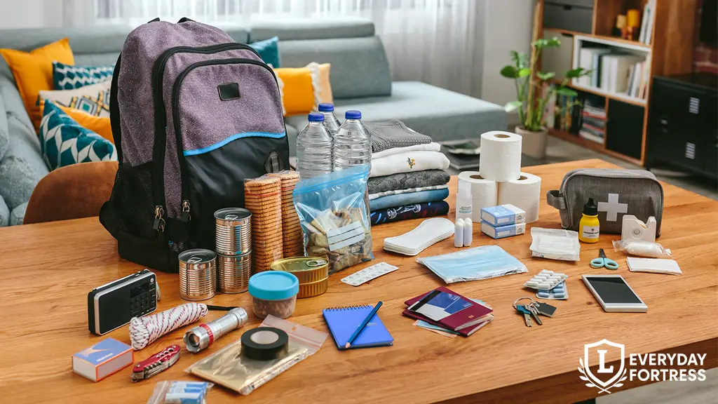 Organized emergency backpack with essential supplies for urban apartment preparedness