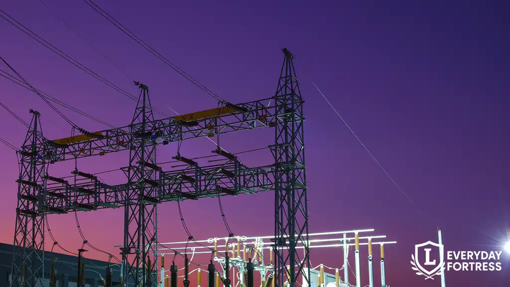 Silhouette of electric pylons at sunset representing urban power grid infrastructure and blackout risks